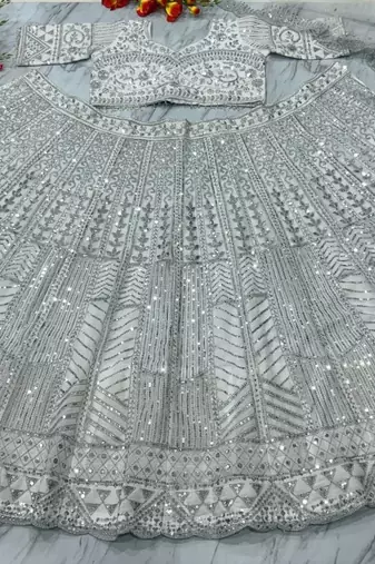 Silver Color Thread Embroidery,Dori Work With Sequins Work Faux Georgette Lehenga Choli
