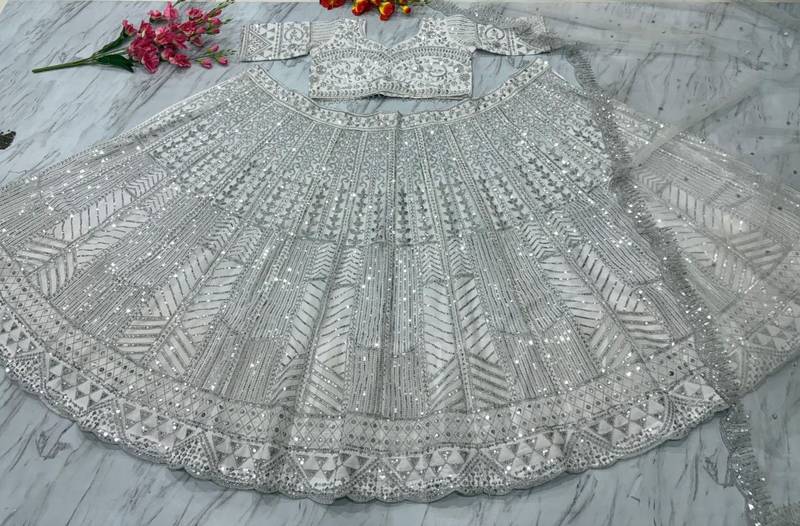 Silver Color Thread Embroidery,Dori Work With Sequins Work Faux Georgette Lehenga Choli