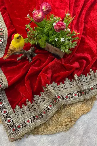 Red Color Bridal Velvet Saree