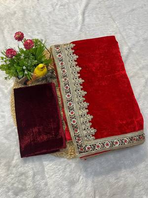Red Color Bridal Velvet Saree 5