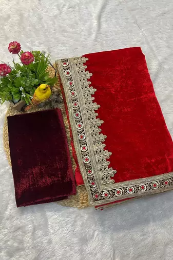 Red Color Bridal Velvet Saree