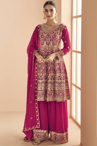 Pink georgette embroidered designer plazzo suit