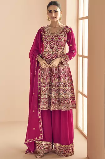 Pink georgette embroidered designer plazzo suit