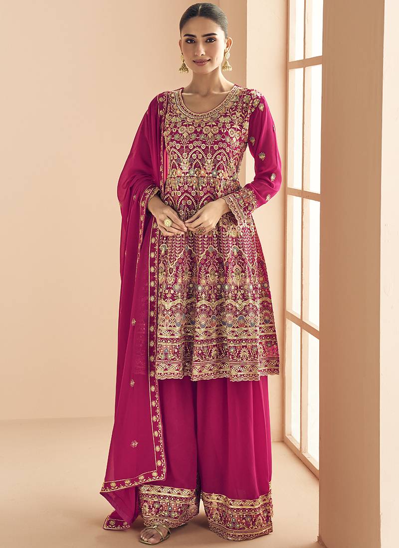 Pink georgette embroidered designer plazzo suit