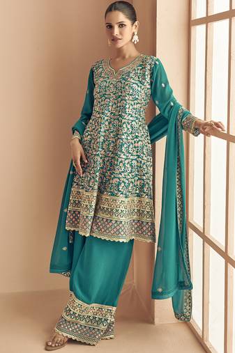 Turquoise georgette embroidered designer plazzo suit