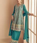 Turquoise georgette embroidered designer Palazzo suit