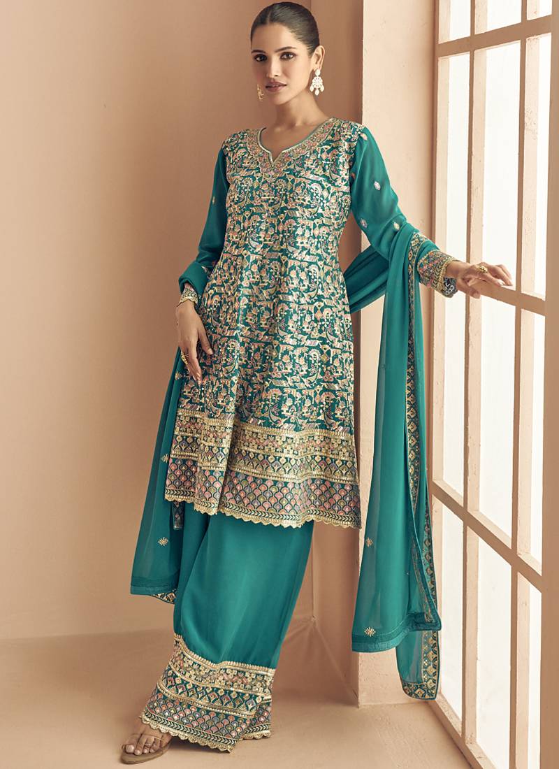 Turquoise georgette embroidered designer plazzo suit