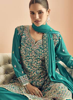 Turquoise georgette embroidered designer Palazzo suit 2