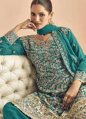Turquoise georgette embroidered designer Palazzo suit 3