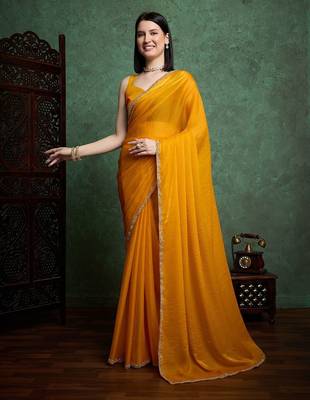 Yellow fendy chiffon saree with running blouse 1