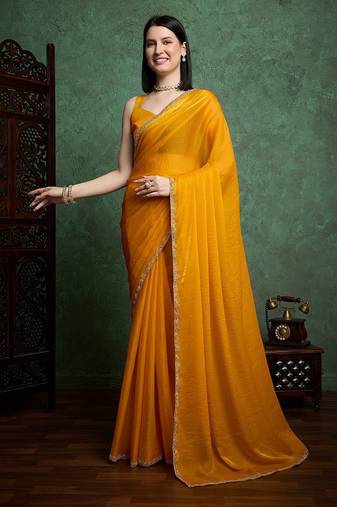 Yellowcolor fendy chiffon saree with running blouse