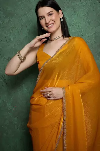 Yellowcolor fendy chiffon saree with running blouse