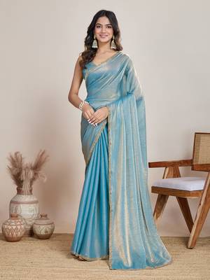Sky blue color fendy chiffon saree with running blouse 1