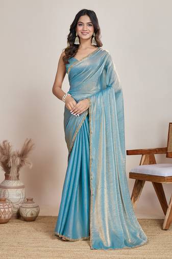 Sky blue color fendy chiffon saree with running blouse