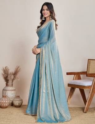 Sky blue color fendy chiffon saree with running blouse 2