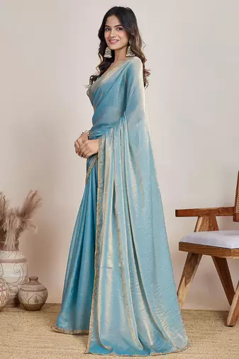 Sky blue color fendy chiffon saree with running blouse