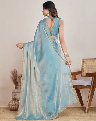 Sky blue color fendy chiffon saree with running blouse 3