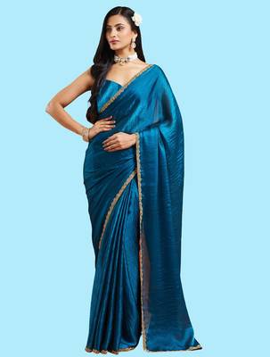 Rama color fendy chiffon saree with running blouse 1