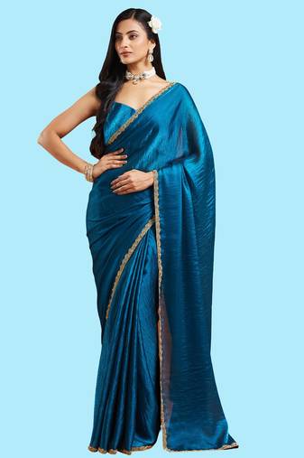 Rama color fendy chiffon saree with running blouse