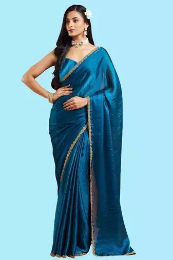 Rama color fendy chiffon saree with running blouse