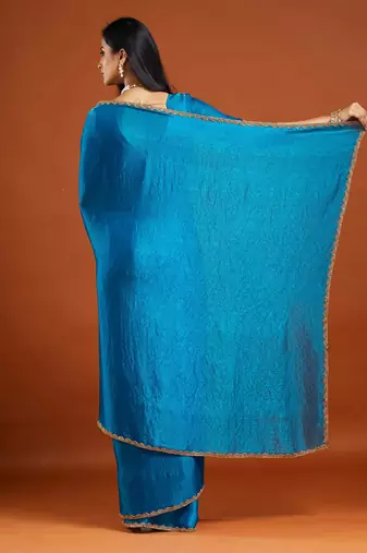 Rama color fendy chiffon saree with running blouse