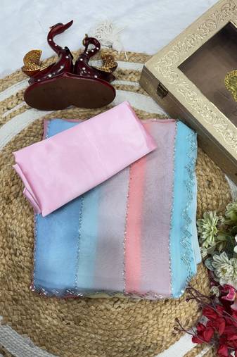 Multi Color Jarkhan Diamond And Katdana Work Tebby Silk Saree