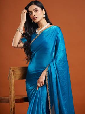 Rama color fendy chiffon saree with running blouse 3