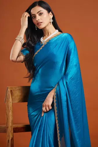 Rama color fendy chiffon saree with running blouse