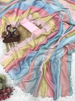 Multi Color Jarkhan Diamond And Katdana Work Tebby Silk Saree 2