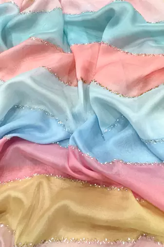 Multi Color Jarkhan Diamond And Katdana Work Tebby Silk Saree