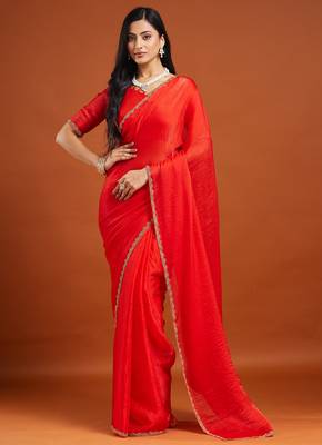 Red color fendy chiffon saree with running blouse 1