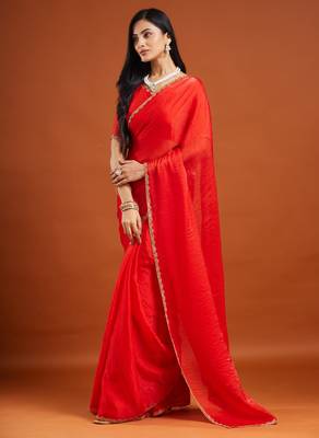 Red color fendy chiffon saree with running blouse 3