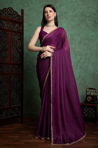 Purple color fendy chiffon saree with running blouse