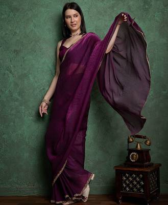 Purple color fendy chiffon saree with running blouse 2