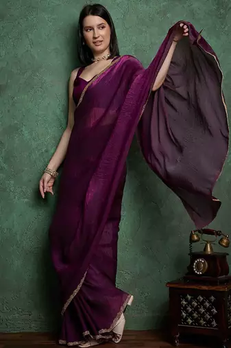 Purple color fendy chiffon saree with running blouse