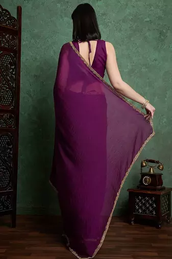 Purple color fendy chiffon saree with running blouse