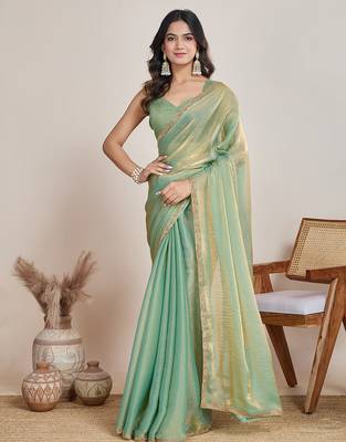 Pista color fendy chiffon saree with running blouse 1