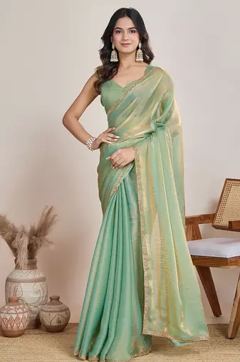 Pista color fendy chiffon saree with running blouse