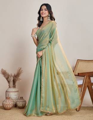 Pista color fendy chiffon saree with running blouse 2