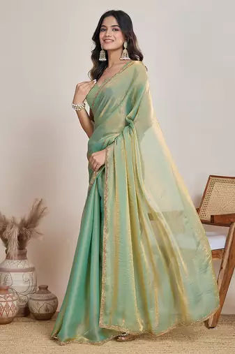 Pista color fendy chiffon saree with running blouse