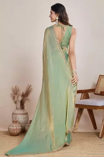Pista color fendy chiffon saree with running blouse