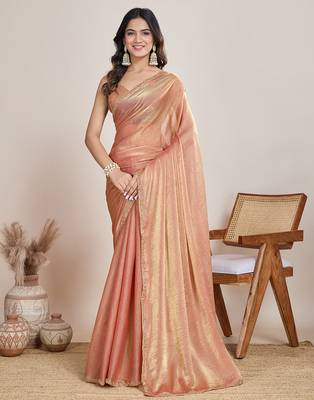 Peach color fendy chiffon saree with running blouse 1