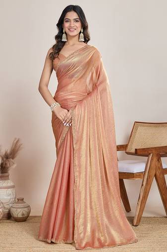 Peach color fendy chiffon saree with running blouse