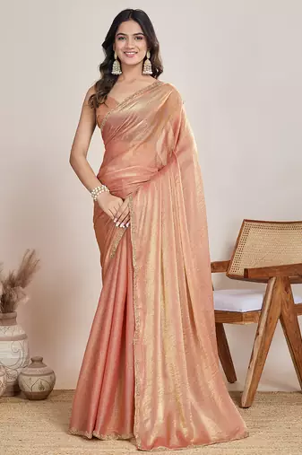 Peach color fendy chiffon saree with running blouse