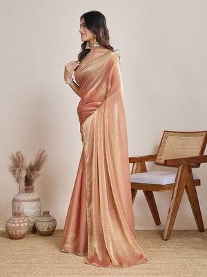 Peach color fendy chiffon saree with running blouse 2