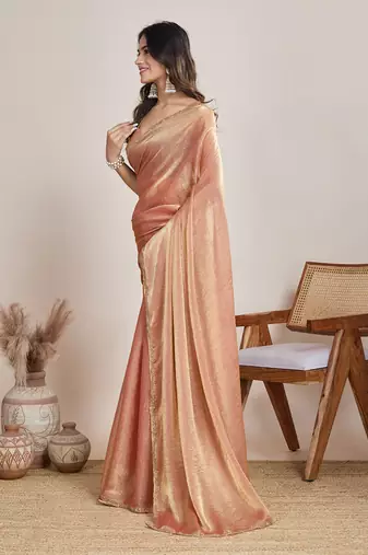 Peach color fendy chiffon saree with running blouse