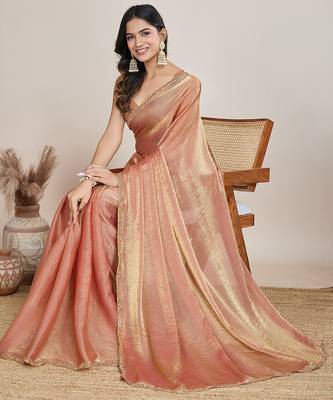 Peach color fendy chiffon saree with running blouse 4