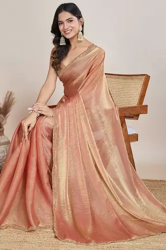 Peach color fendy chiffon saree with running blouse