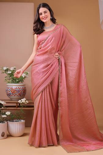 Pink color fendy chiffon saree with running blouse