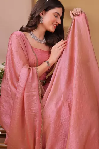 Pink color fendy chiffon saree with running blouse